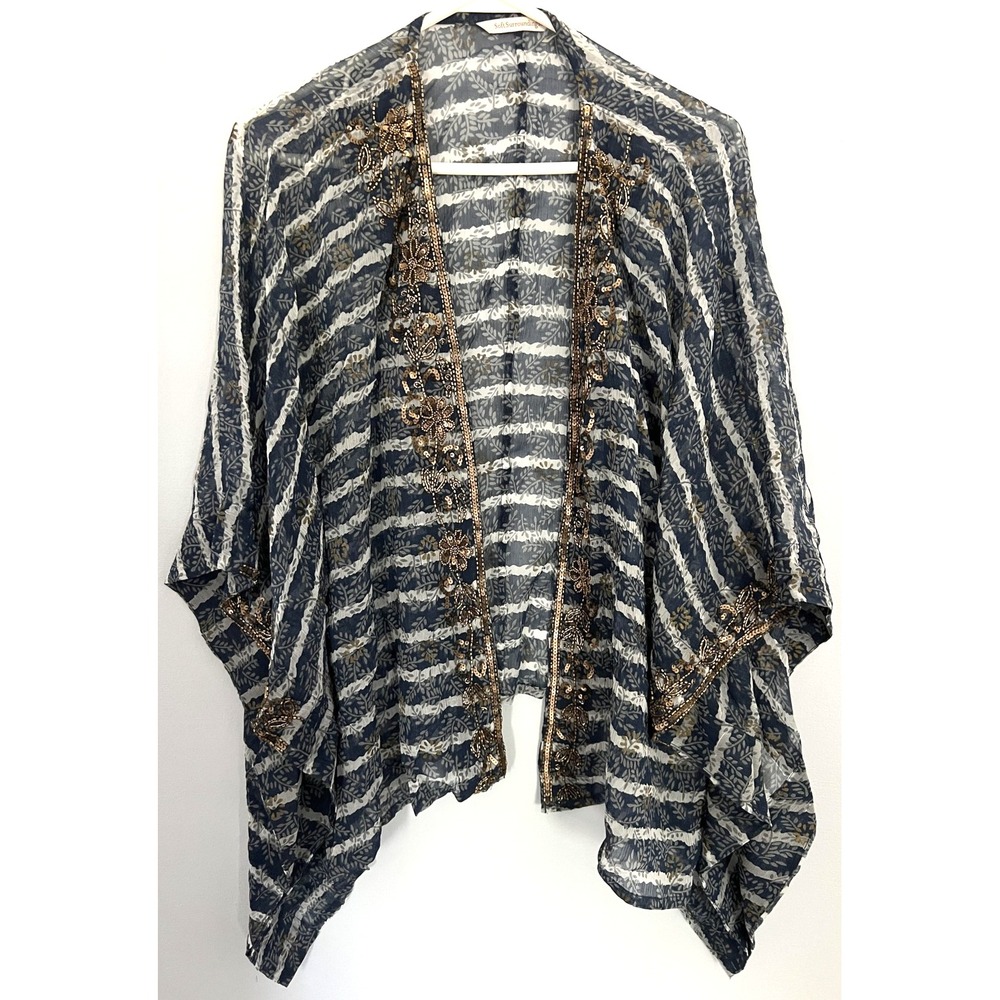 Soft Surroundings Kimono Womens L/XL Blue Beaded Sequin Embroidered Open Front